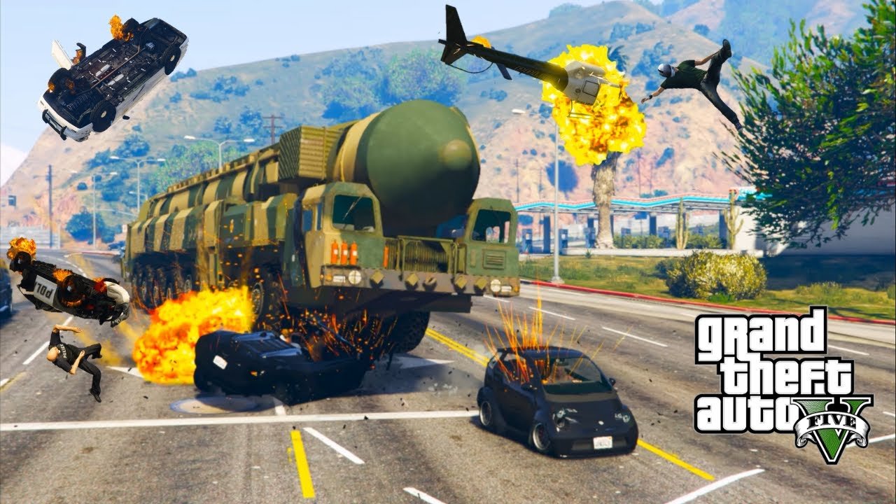 GTA 5 – Topol M Missile Carrier Destroys everything in it’s path. Cinematic 5 star police chase.