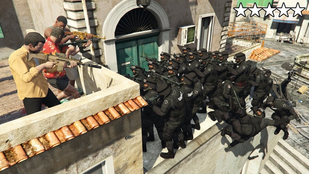 GTA 5 – Michael, Franklin and Trevor VS 5 Stars SWAT Team at Richard Majestic Studios! (Boat Escape)